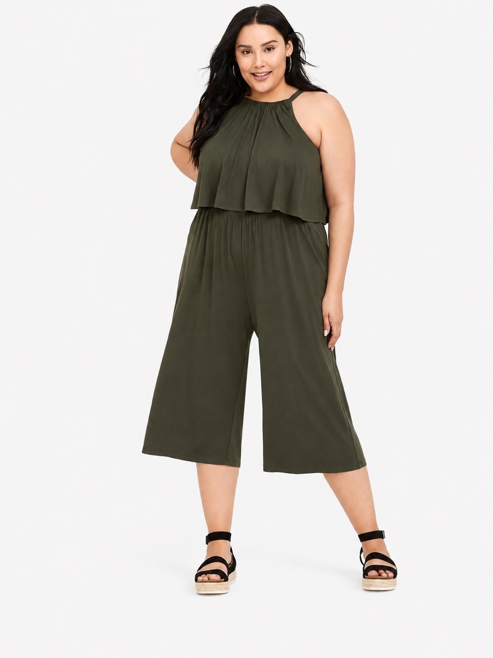 NWT Torrid Olive Jersey Flounce Culotte Jumpsuit